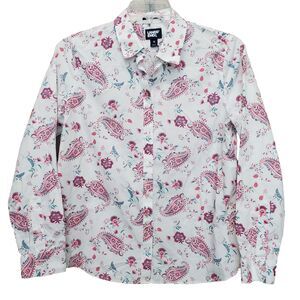 Lands' End No Iron Supima Cotton White Paisley Long Sleeve Button-Up Shirt Sz 12